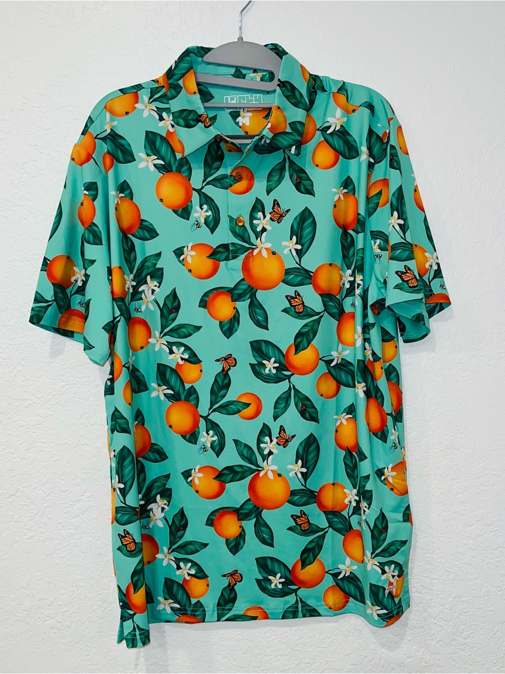 Lofty Llama Awesome Blossom Golf Polo Shirt Men’s M Orange Blossom Florida Print